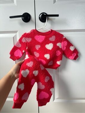 Primark Red Sherpa Pajama Set with Pink and White Hearts